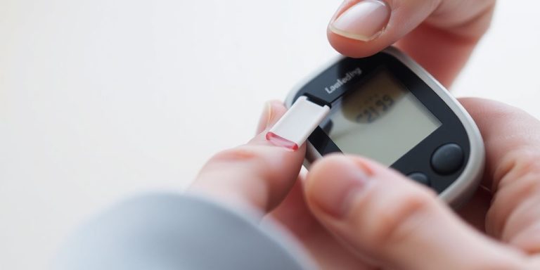 Person checking blood sugar, monitor, finger, lancet, strip.