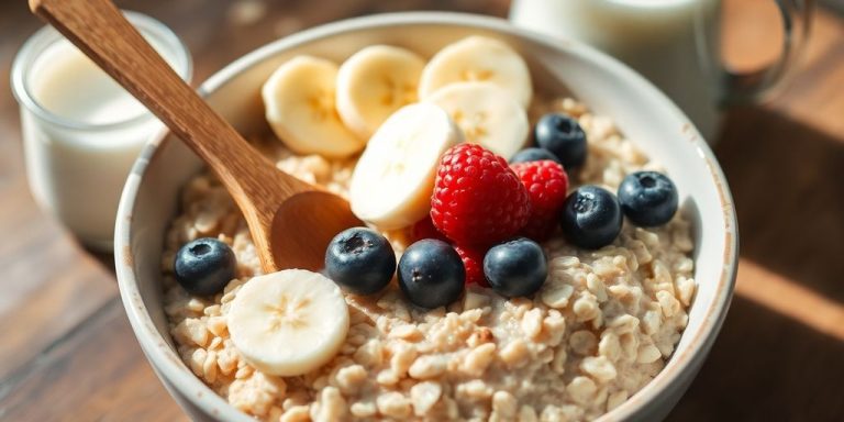 Oats in bowl with fruit.