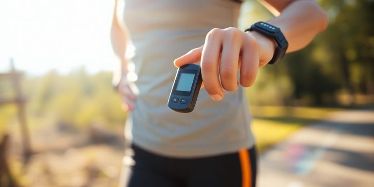 Person exercising, checking blood sugar with glucometer.