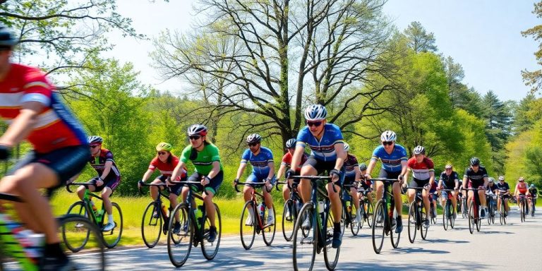 Cyclists on road, sunny, green trees, blue sky.