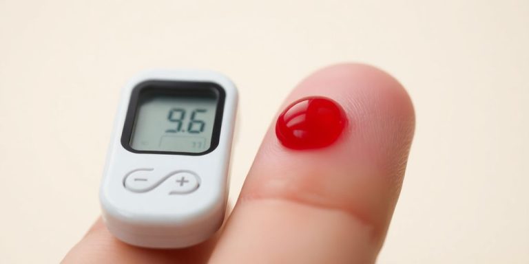 A red blood drop with a glucose meter.