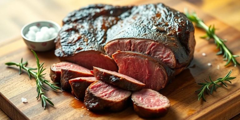Cooked sirloin roast, sliced, with herbs on platter.