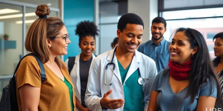 Diverse people and healthcare professionals in a San Francisco diabetes clinic.