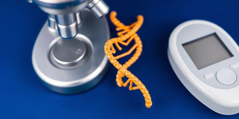 Microscope, DNA, and glucose meter on a blue background.