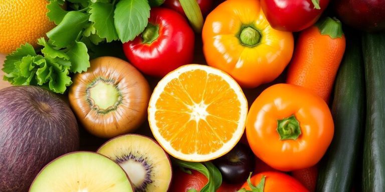 Vibrant fruits and vegetables in a colorful arrangement.