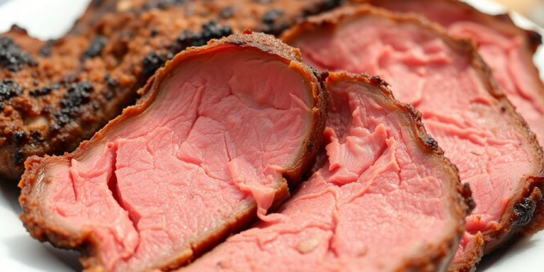 Sliced roast beef, carved, with a brown crust.