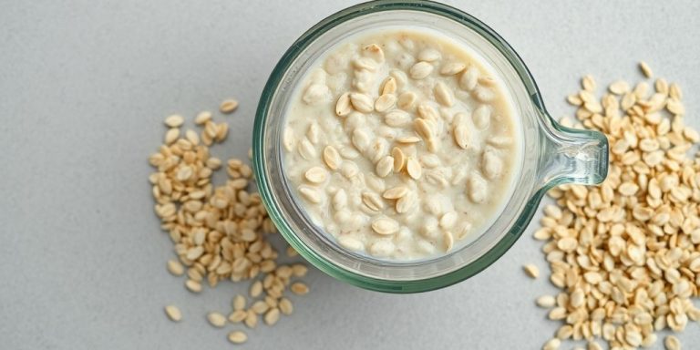 Oatmeal in measuring cup with loose oats nearby.