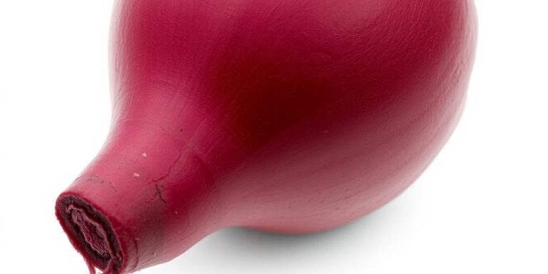A single, vibrant red beetroot on a clean white surface.