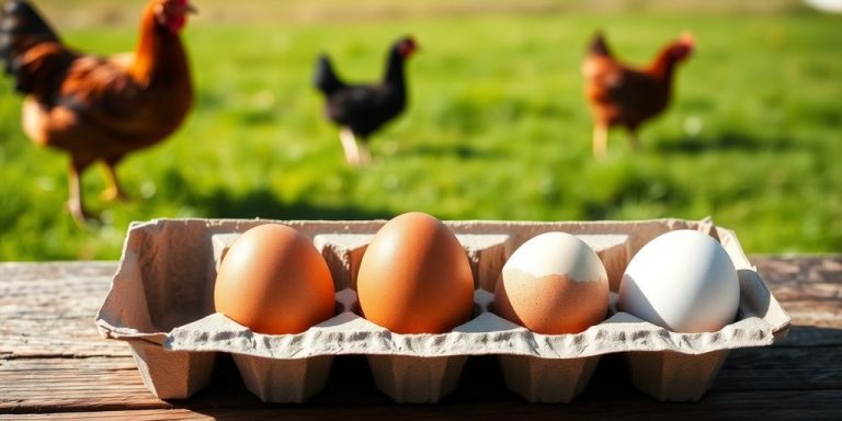 Pasture-raised eggs in a carton on a farm.