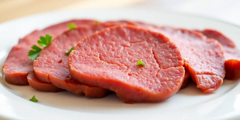 Corned beef slices stacked on a plate.