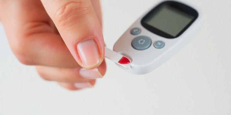 Hand holding glucometer with blood droplet on finger and strip