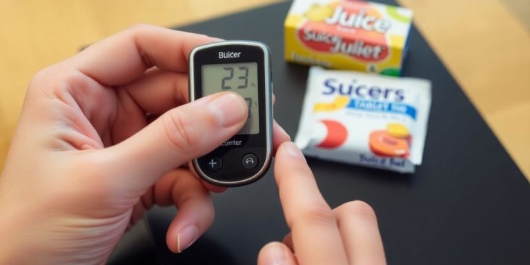 Person checking blood sugar, holding small snack.