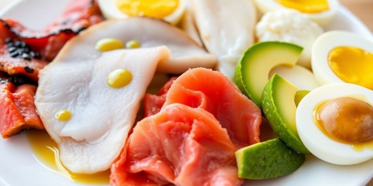 Meat, fish, eggs, and healthy fats on a plate.