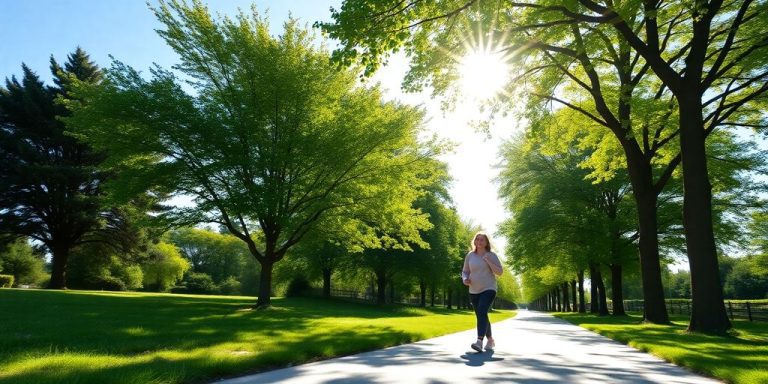 Person walking on a sunny path in a park.