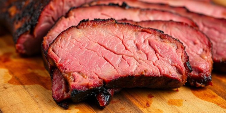Sliced beef brisket, close-up, on cutting board.