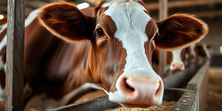 Grain-fed cow in a barn.