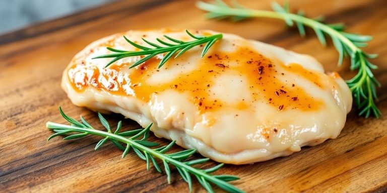 Cooked chicken breast fillet with fresh green herbs.