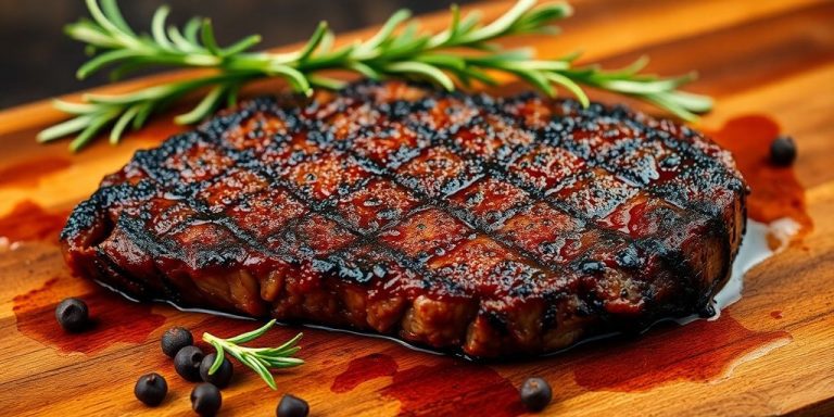 Grilled sirloin steak on wooden cutting board with rosemary garnish