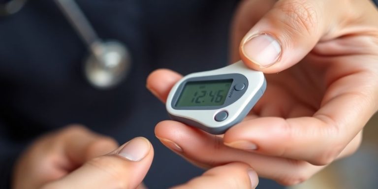 A person holding a glucose meter and a healthy blood sugar reading.