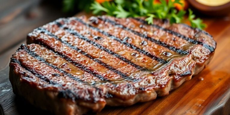 Juicy grass fed beef steak grilling on a barbecue.