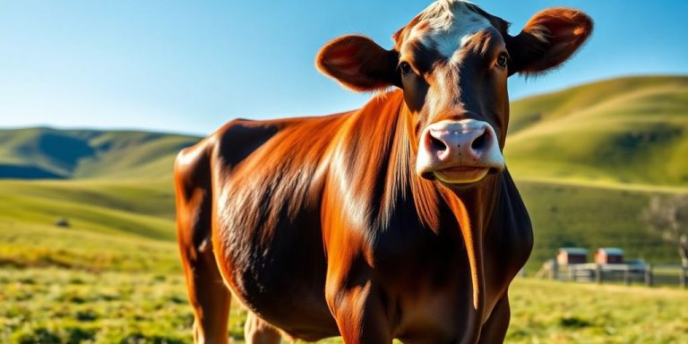 Grain-fed cow grazing in a lush pasture.