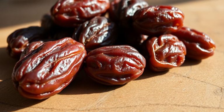 Close-up of plump, dried dates on a wooden surface.