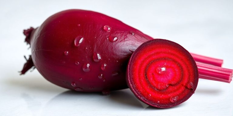 A bright red beetroot, glistening with water droplets.